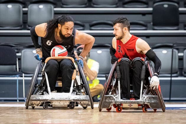 Canada vs. New Zealand, 2022 Wheelchair Rugby World Championship, WM, Weltmeisterschaft Vejle; 15.10.22 Hayden Barton-Cootes (no. 06, Team New Zealand), Matt Debly (no. 31, Team Canada) Copyright: xBEAUTIFULxSPORTS MarioxM.xKobergx