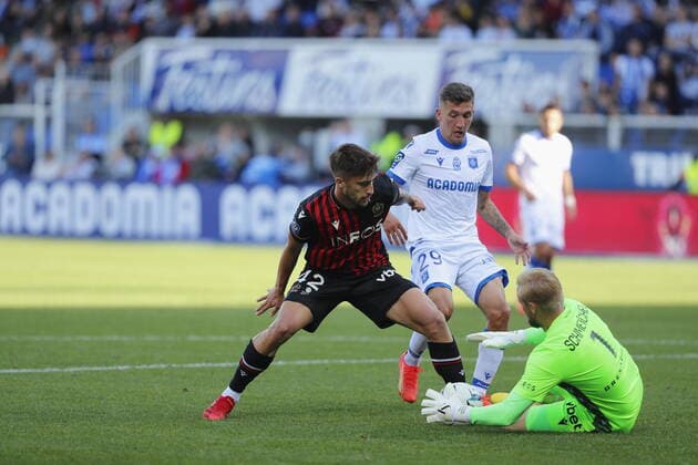RECORD DATE NOT STATED (Auxerre) Matthias Autret (Nice) Mattia Viti - Kasper Schmeichel Football : Auxerre vs Nice - Ligue 1 - 16 10 2022 StephanieGrossetete Panoramic 