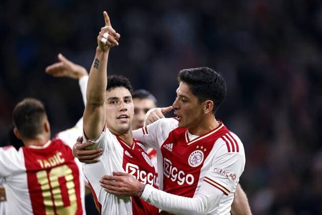 AMSTERDAM - (lr) Jorge Sanchez of Ajax, Edson Alvarez or Ajax celebrate the 1-0 during the Dutch Eredivisie match between Ajax Amsterdam and Excelsior at the Johan Cruijff ArenA on October 16, 2022 in Amsterdam, Netherlands. ANP MAURICE VAN STEEN Dutch Eredivisie 2022 2023 xVIxANPxSportx xxANPxIVx