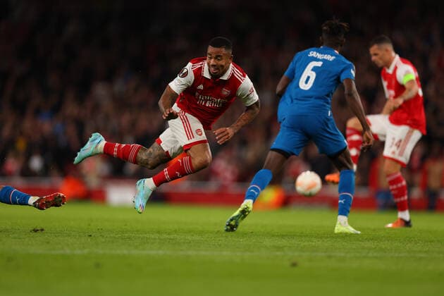 20th October 2022; Emirates Stadium, London, England; Europa League Football, Arsenal versus PSV Eindhoven; Gabriel Jesus of Arsenal is fouled by Erick Gutierrez of PSV Eindhoven  ActionPlus12438024 ShaunxBrooks