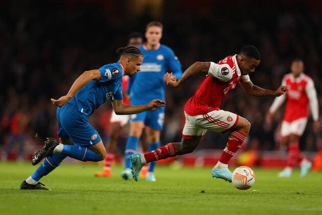 20th October 2022; Emirates Stadium, London, England; Europa League Football, Arsenal versus PSV Eindhoven; Gabriel Jesus of Arsenal takes on Armando Obispo of PSV Eindhoven  ActionPlus12438035 ShaunxBrooks