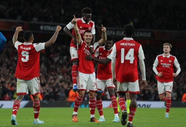London, England, 20th October 2022. Granit Xhaka of Arsenal celebrates after scoring the opening goal during the UEFA Europa League match at the Emirates Stadium, London. Picture credit should read: Paul Terry Sportimage EDITORIAL USE ONLY. No use with unauthorised audio, video, data, fixture lists, club league logos or live services. Online in-match use limited to 120 images, no video emulation. No use in betting, games or single club league player publications. SPI-1970-0031