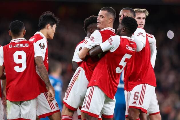 Mandatory Credit: Photo by Simon Dael Shutterstock (13480677u) Granit Xhaka of Arsenal celebrates after scoring a goal (1-0) Arsenal v PSV Eindhoven, UEFA Europa League, Group A, Football, Emirates Stadium, London, UK - 20 Oct 2022 EDITORIAL USE ONLY No use with unauthorised audio, video, data, fixture lists, club league logos or live services. Online in-match use limited to 120 images, no video emulation. No use in betting, games or single club league player publications. Arsenal v PSV Eindhoven, UEFA Europa League, Group A, Football, Emirates Stadium, London, UK - 20 Oct 2022 EDITORIAL USE ONLY No use with unauthorised audio, video, data, fixture lists, club league logos or live services. Online in-match use limited to 120 images, no video emulation. No use in betting, games or single club league player publications.  Copyright: xSimonxDael Shutterstockx 13480677u