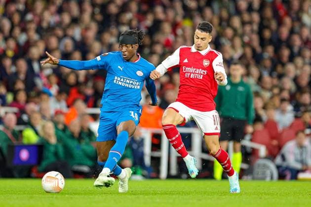 Arsenal v PSV Eindhoven Europa League 20 10 2022. Group A Noni Madueke (10) of PSV Eindhoven during the Europa League match between Arsenal and PSV Eindhoven at the Emirates Stadium, London, England on 20 October 2022. Editorial use only , Copyright: xNigelxKeenex PSI-16182-0064