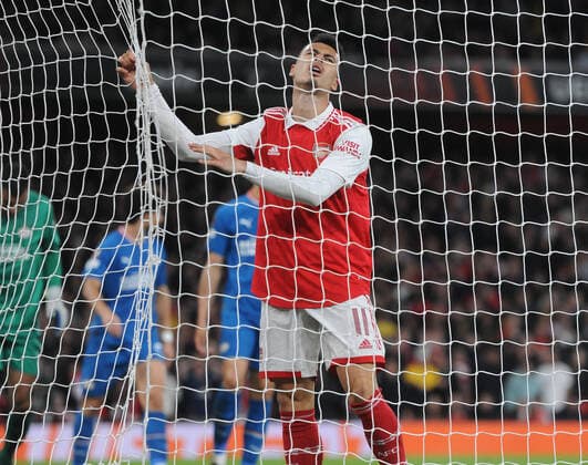 Football - 2022 2023 UEFA Europa League - Group A - Round Two - Arsenal vs PSV Eindhoven - Emirates Stadium - Thursday 20th October 2022 Gabriel Martinelli of Arsenal ends up in the netting 