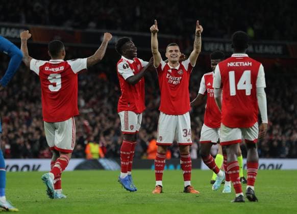 London, England, 20th October 2022. Granit Xhaka of Arsenal celebrates after scoring the opening goal during the UEFA Europa League match at the Emirates Stadium, London. Picture credit should read: Paul Terry Sportimage EDITORIAL USE ONLY. No use with unauthorised audio, video, data, fixture lists, club league logos or live services. Online in-match use limited to 120 images, no video emulation. No use in betting, games or single club league player publications. SPI-1970-0055