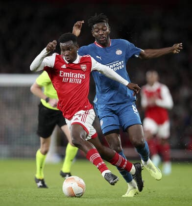 Mandatory Credit: Photo by Matt Impey Shutterstock (13481894l) Eddie Nketiah of Arsenal gets away from Ibrahim Sangare of PSV Arsenal v PSV Eindhoven, Football, UEFA Europa League, Emirates Stadium, Islington, London, UK - 20 10 2022 Editorial use only Arsenal v PSV Eindhoven, Football, UEFA Europa League, Emirates Stadium, Islington, London, UK - 20 10 2022 Editorial use only  Copyright: xMattxImpey Shutterstockx 13481894l