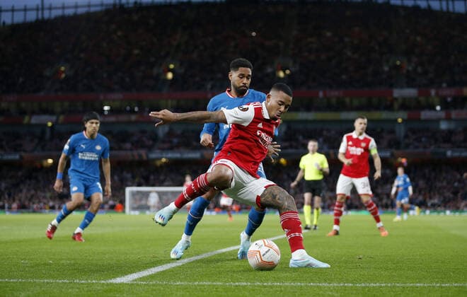 Mandatory Credit: Photo by Matt Impey Shutterstock (13481894w) Gabriel Jesus of Arsenal is challenged by Phillipp Mwene of PSV Arsenal v PSV Eindhoven, Football, UEFA Europa League, Emirates Stadium, Islington, London, UK - 20 10 2022 Editorial use only Arsenal v PSV Eindhoven, Football, UEFA Europa League, Emirates Stadium, Islington, London, UK - 20 10 2022 Editorial use only  Copyright: xMattxImpey Shutterstockx 13481894w