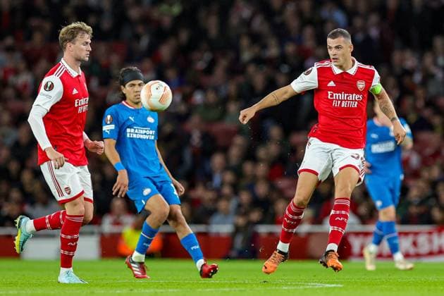 Arsenal v PSV Eindhoven Europa League 20 10 2022. Group A Granit Xhaka (34) of Arsenal during the Europa League match between Arsenal and PSV Eindhoven at the Emirates Stadium, London, England on 20 October 2022. Editorial use only , Copyright: xNigelxKeenex PSI-16182-0079