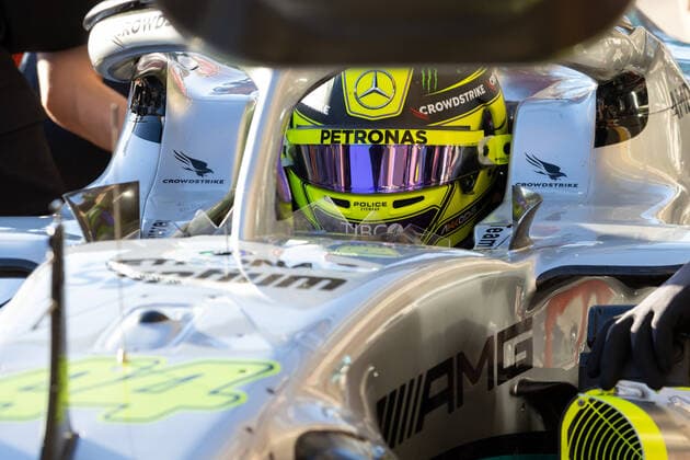 AUSTIN, TX - OCTOBER 21: Mercedes AMG Petronas Motorsport driver Lewis Hamilton (44) of Team Great Britain waits while his car is pushed into the garage during the second practice session of the F1 US Grand Prix at Circuit of the Americas on October 21, 2022 in Austin, TX. (Photo by David Buono Icon Sportswire) AUTO: OCT 21 F1 US Grand Prix Icon2210211531