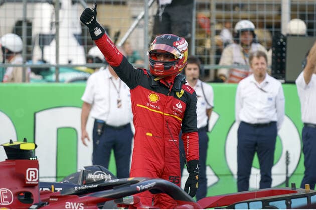 Spanish Formula One driver Carlos Sainz Jr. of Scuderia Ferrari celebrates taking pole position for the Formula One Grand Prix of the US at the Circuit of The Americas in Austin, Texas, on Saturday, October 22, 2022.  AUT20221022203 GREGxNASH