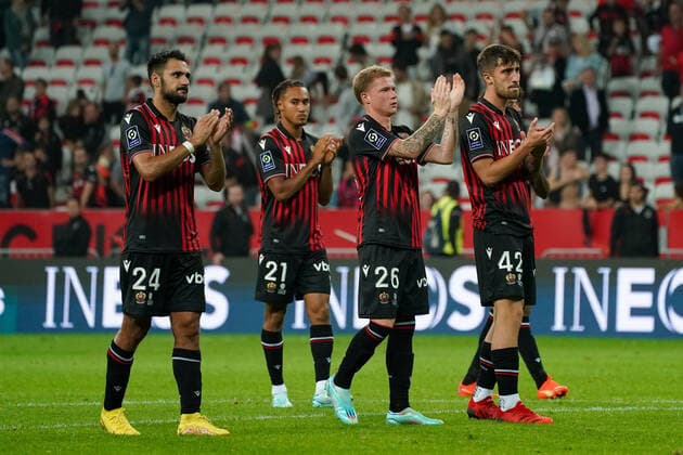 Fin de match - GaÃ«tan Laborde (OGC Nice) - Alexis Beka Beka (OGC Nice) - Melvin Bard (OGC Nice) - Mattia Viti (OGC Nice) FOOTBALL : OGC Nice vs FC Nantes - Ligue 1 Uber Eats - Nice - 23 10 2022 NorbertScanella Panoramic 