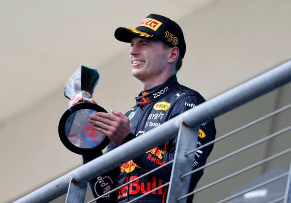 AUSTIN, TX - OCTOBER 23: Red Bull Racing Honda driver Max Verstappen (1) of Team Netherlands holds up the championship trophy after winning the F1 Aramco United States Grand Prix race on October 23, 2022 at the Circuit of the Americas in Austin, TX. (Photo by Adam Davis Icon Sportswire) AUTO: OCT 23 F1 US Grand Prix Icon22102318991