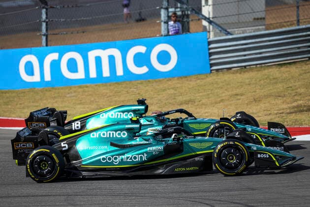 5 Sebastian Vettel (DEU, Aston Martin Aramco Cognizant F1 Team), 18 Lance Stroll (CAN, Aston Martin Aramco Cognizant F1 Team), F1 Grand Prix of USA at Circuit of The Americas on October 23, 2022 in Austin, United States of America. (Photo by HOCH ZWEI) Austin United States of America
