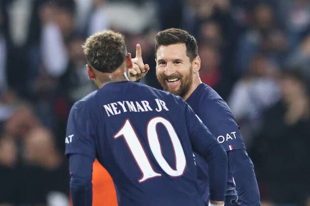 (221026) -- PARIS, Oct. 26, 2022 -- Paris Saint-Germain s Neymar (L) and Lionel Messi celebrate scoring during the UEFA Champions League Group H soccer match between Paris Saint-Germain and Maccabi Haifa FC at the Parc des Princes in Paris, France, Oct. 25, 2022. ) (SP)FRANCE-PARIS-FOOTBALL-UEFA CHAMPIONS LEAGUE-GROUP H-PSG VS MACCABI HAIFA FC GaoxJing 