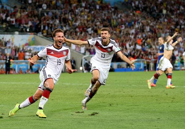 Football - 2014 FIFA World Cup, WM, Weltmeisterschaft, Fussball - Final - Germany v Argentina 13 July 2014 - FIFA World Cup - Final - Germany v Argentina - Mario Gotze of Germany celebrates scoring the winning goal with Thomas Muller - Photo: Marc Atkins Offside. Rio de Janeiro Brazil Copyright: xMarcxAtkinsxOffside