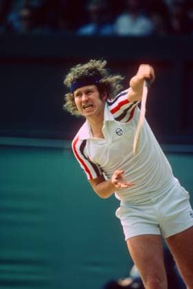 John McEnroe serving at Wimbledon, 1980 John McEnroe serving at Wimbledon, 1980 London United Kingdom Copyright: xAdamxStoltmanx Image_0026a