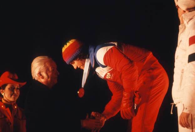 Eric Heiden receiving one of his five gold medals in speedskating from then IOC President, Lord Killanin at the 1980 Winter Olympics in Lake Placid Eric Heiden receiving one of his five gold medals in speedskating from then IOC President, Lord Killanin at the 1980 Winter Olympics in Lake Placid Lake Placid New York USA Copyright: xAdamxStoltmanx Image_0238_alt