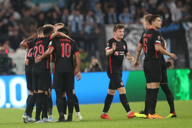 Rome, Italy 27.10.2022: Isaksen of Midtjylland score the gaol for 1-0 during the Uefa Europe League 2022-2023 , Group F - SS matchday 5, football match between SS Lazio vs FC Midtjylland at Olympic Stadium in Rome, Italy.  Copyright: xmarcoxiacobuccix xipa-agency.netx xmarcoxiacobuccix 0