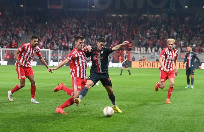 Fussball, Herren, Saison 2022 2023, Europa League (Gruppe D, 5. Spieltag) 1. FC Union Berlin - SC Sporting Braga, v. l. Danilho Doekhi (1. FC Union), Robin Knoche (1. FC Union), Vitor Oliveira (Vitinha, SC Sporting Braga), Morten Thorsby (1. FC Union Berlin), 27.10. 2022, Copyright: xMatthiasxKochx