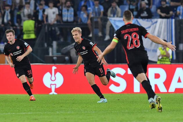 Soccer, Europa League 2022 2023,Lazio v Midtjylland Gustav Isaksen of FC Midtjylland celebrating after score the goal during the Uefa Europa League match between SS Lazio v Midtjylland at Olimpico stadium in Rome, Italy, Oct 27th, 2022. Imago-Images Emmefoto Copyright: xImago-Images Emmefotox
