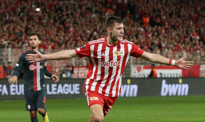 Sport Bilder des Tages Robin Knoche jubelnd Freude Emotion Jubel nach 1:0 Fußball Fussball UEL UEFA Europa League Herren Saison 2022 2023 27.10.2022 1.FC Union Berlin FCU vs. SC Sporting Braga DFL regulations prohibit any use of photographs as image sequences and or quasi-video.