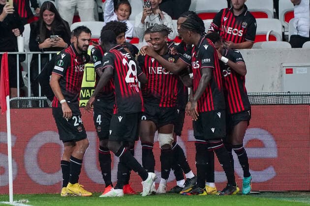 Joie - Mario Lemina (OGC Nice) FOOTBALL : OGC Nice vs FK Partizan - Conference League - Phase de groupe - Nice - 27 10 2022 NorbertScanella Panoramic 