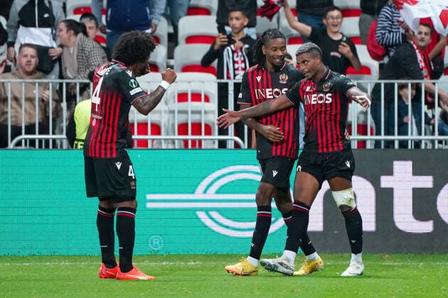 Joie - Mario Lemina (OGC Nice) - Dante (OGC Nice) FOOTBALL : OGC Nice vs FK Partizan - Conference League - Phase de groupe - Nice - 27 10 2022 NorbertScanella Panoramic 