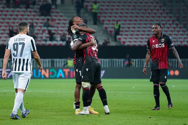 Joie - Khephren Thuram (OGC Nice) - Mario Lemina (OGC Nice) FOOTBALL : OGC Nice vs FK Partizan - Conference League - Phase de groupe - Nice - 27 10 2022 NorbertScanella Panoramic 