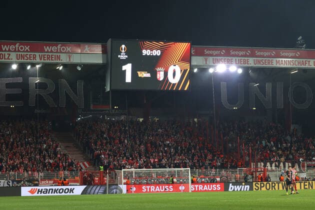 DEU, Europa League, 1.FC Union vs. SC Braga, 27.10.2022, Stadion Alte Foersterei, Berlin, DEU, Europa League, 1.FC Union vs. SC Braga, im Bild: Anzeigetafel mit dem Endergebnis, 1:0 DFL - regulations prohibit any use of Photographs as image sequences and or quasi-video Foto: Juergen Engler nordphoto GmbH