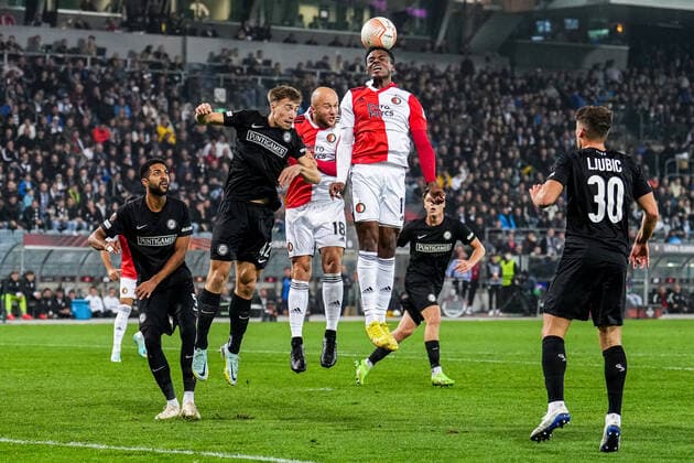 UEFA Europa League: SK Sturm Graz v Feyenoord Graz - David Affengruber of Strum Graz, Gernot Trauner of Feyenoord, Javairo Dilrosun of Feyenoord during the match between SK Sturm Graz v Feyenoord at Stadion Graz-Liebenau on 27 October 2022 in Graz, Austria. Copyright: xTomxBodex
