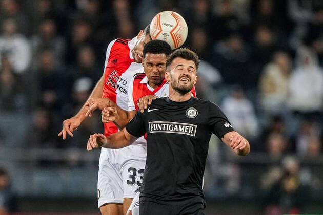 UEFA Europa League: SK Sturm Graz v Feyenoord Graz - David Hancko of Feyenoord, Marcos Lopez of Feyenoord, Albian Ajeti of Strum Graz during the match between SK Sturm Graz v Feyenoord at Stadion Graz-Liebenau on 27 October 2022 in Graz, Austria. Copyright: xTomxBodex
