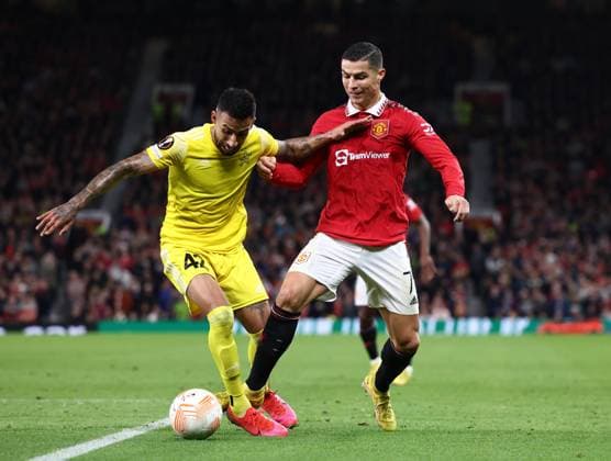 Manchester, England, 27th October 2022. Cristiano Ronaldo of Manchester United, ManU challenges Renan Guedes Borges of FC Sheriff Tiraspol during the UEFA Europa League match at Old Trafford, Manchester. Picture credit should read: Darren Staples Sportimage EDITORIAL USE ONLY. No use with unauthorised audio, video, data, fixture lists, club league logos or live services. Online in-match use limited to 120 images, no video emulation. No use in betting, games or single club league player publications. SPI-1993-0020