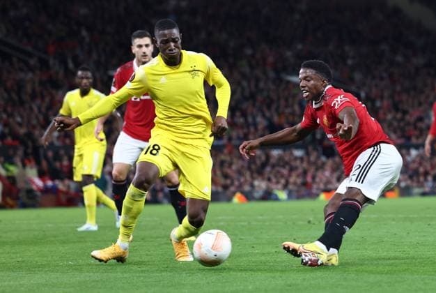 Manchester, England, 27th October 2022. Tyrell Malacia of Manchester United, ManU takes a shot on goal during the UEFA Europa League match at Old Trafford, Manchester. Picture credit should read: Darren Staples Sportimage EDITORIAL USE ONLY. No use with unauthorised audio, video, data, fixture lists, club league logos or live services. Online in-match use limited to 120 images, no video emulation. No use in betting, games or single club league player publications. SPI-1993-0022