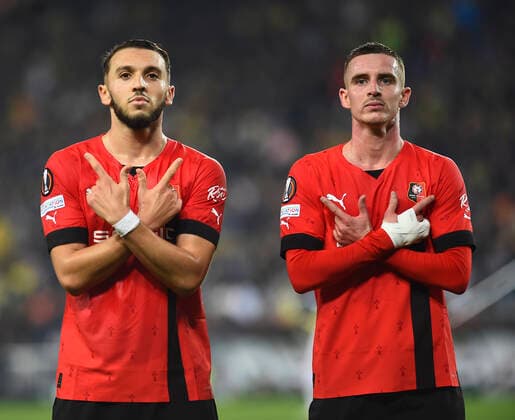 Amine Gouiri 19 and Benjamin Bourigeaud (R) of Stade Rennes during the UEFA Europa League group B match between Fenerbahce and Stade Rennes at Ulker Sukru Saracoglu Stadium in Istanbul, Turkey on October 27, 2022. ( Photo by Seskimphoto ) 