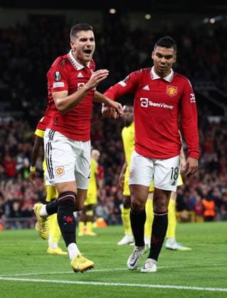 Manchester, England, 27th October 2022. Diogo Dalot of Manchester United, ManU celebrates scoring the first goal during the UEFA Europa League match at Old Trafford, Manchester. Picture credit should read: Darren Staples Sportimage EDITORIAL USE ONLY. No use with unauthorised audio, video, data, fixture lists, club league logos or live services. Online in-match use limited to 120 images, no video emulation. No use in betting, games or single club league player publications. SPI-1993-0026