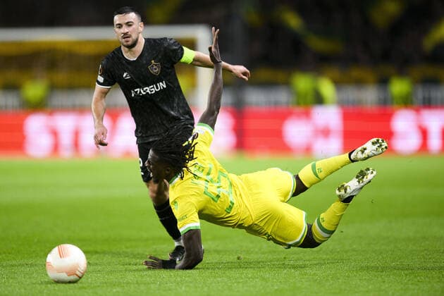 Abdoul Kader Bamba (Nantes) vs Qara Qarayev (Qarabah) FOOTBALL : FC NANTES vs QARABAH FK - Ligue Europa - J5 - 27 10 2022 JBAutissier Panoramic 