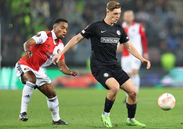 SOCCER - UEFA EL, Sturm vs Feyenoord GRAZ,AUSTRIA,27.OCT.22 - SOCCER - UEFA Europa League, group stage, SK Sturm Graz vs Feyenoord Rotterdam. Image shows Quinten Timber (Feyenoord) and Alexander Prass (Sturm).  GEPAxpictures xChrisxBauer