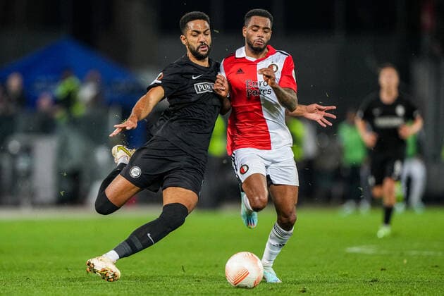 UEFA Europa League: SK Sturm Graz v Feyenoord Graz - Gregory Wuthrich of Strum Graz, Danilo Pereira da Silva of Feyenoord during the match between SK Sturm Graz v Feyenoord at Stadion Graz-Liebenau on 27 October 2022 in Graz, Austria. Copyright: xTomxBodex
