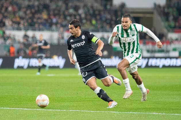 Ferencvaros v Monaco, UEFA Europa League football, Budapest, Hungary Budapest, Hungary. 27h, October 2022. Wissam Ben Yedder (10) of Monaco and Samy Mmaee (3) of Ferencvaros seen during the UEFA Europa League match between Ferencvaros and Monaco at Groupama Arena in Budapest. Budepest Hungary  Copyright: xGonzalesxPhoto BalazsxPopalx