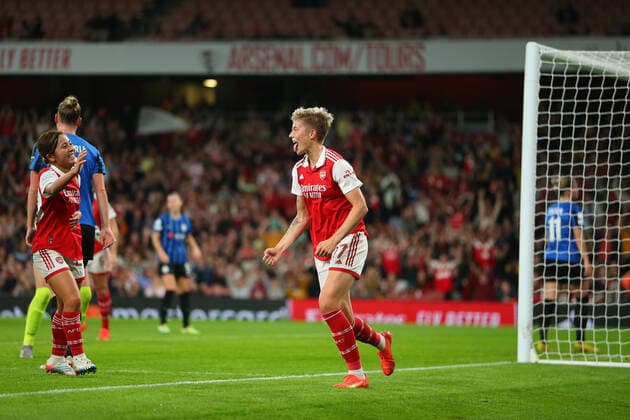 27th October 2022; Emirates Stadium, London, England; Womens Champions League football, Arsenal versus Zurich; Lina Hurtig of Arsenal celebrates her goal in the 45th minute for 2-0 with her team mates.  ActionPlus12441240 KatiexChan