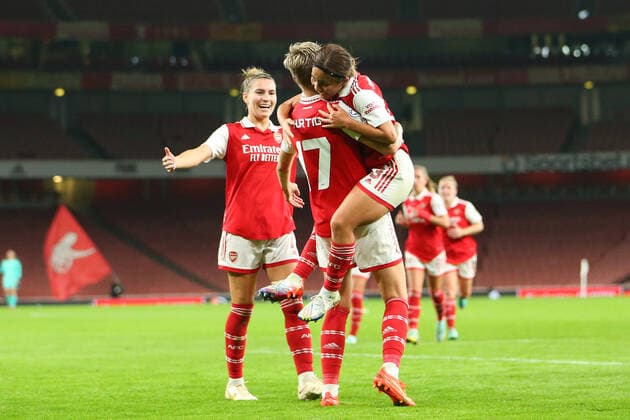 27th October 2022; Emirates Stadium, London, England; Womens Champions League football, Arsenal versus Zurich; Lina Hurtig of Arsenal celebrates her goal in the 45th minute for 2-0 with her team mates.  ActionPlus12441242 KatiexChan