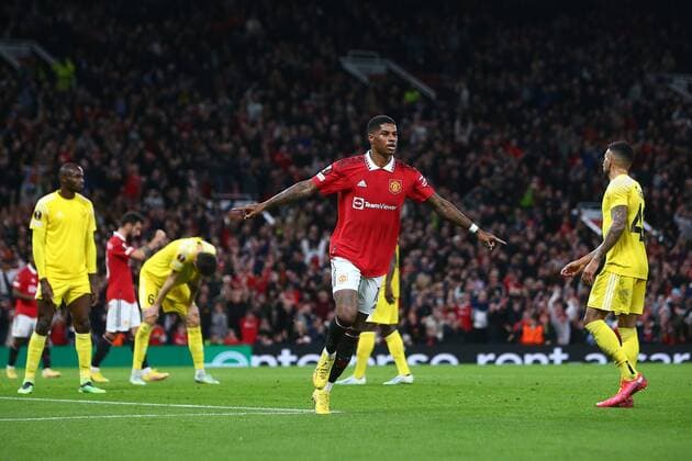 Mandatory Credit: Photo by Phil Oldham Shutterstock (13491515ai) Marcus Rashford of Manchester United, ManU celebrates scoring his sides second goal Manchester United v Sheriff Tiraspol, UEFA Europa League, Group E, Football, Old Trafford, Manchester, UK - 27 Oct 2022 EDITORIAL USE ONLY No use with unauthorised audio, video, data, fixture lists, club league logos or live services. Online in-match use limited to 120 images, no video emulation. No use in betting, games or single club league player publications. Manchester United v Sheriff Tiraspol, UEFA Europa League, Group E, Football, Old Trafford, Manchester, UK - 27 Oct 2022 EDITORIAL USE ONLY No use with unauthorised audio, video, data, fixture lists, club league logos or live services. Online in-match use limited to 120 images, no video emulation. No use in betting, games or single club league player publications. Copyright: xPhilxOldham Shutterstockx 13491515ai
