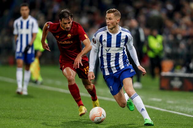 Matias Vina 17, Roma, Santeri Hostikka 7 of HJK during the UEFA Europa League football Group C match between HJK Helsinki - As Roma at the Bolt Arena on October 27. 2022 in Helsinki, Finland. (Kalle Parkkinen Newspix24)  Copyright: xKallexParkkinenx np24_KPC7169