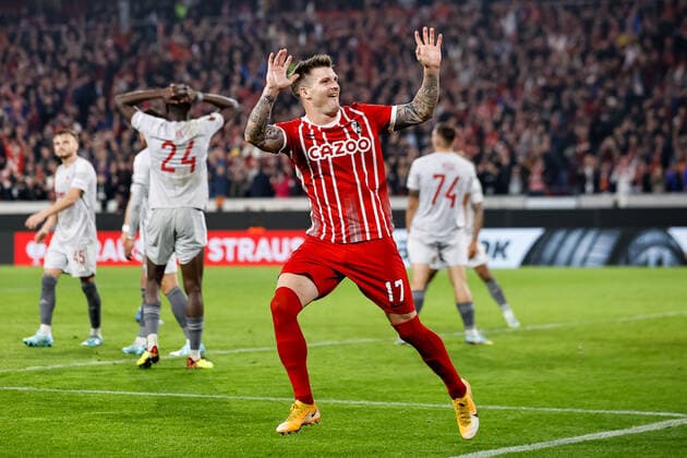 Torjubel bei Lukas Kuebler (SC Freiburg, 17) nach seinem Tor zum 1:1 , GER, SC Freiburg vs. Olympiacos FC, Fussball, UEFA Europa League, 5. Spieltag, Gruppenphase, 27.10.2022 GER, SC Freiburg vs. Olympiacos FC, Fussball, UEFA Europa League, 5. Spieltag, Gruppenphase, 27.10.2022 Freiburg im Breisgau Copyright: xEibner-Pressefoto GrantxHubbsx EP_GHS