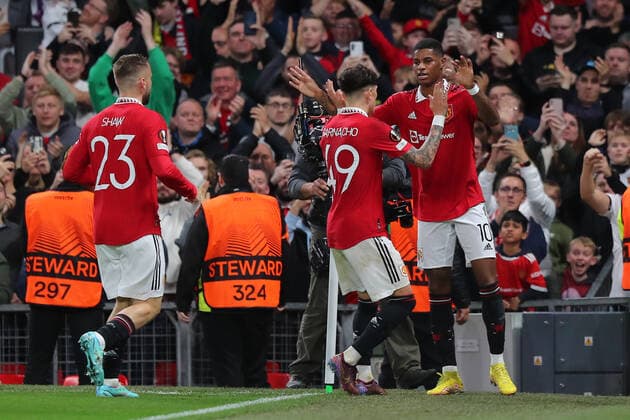 October 27, 2022, Manchester, Greater Manchester, United Kingdom: Marcus Rashford and Alejandro Garnacho celebrating a goal during the UEFA Europa League match Manchester United, ManU vs Sheriff Tiraspol at Old Trafford, Manchester, United Kingdom, 27th October 2022. Manchester United Kingdom - ZUMAn307 20221027_zsa_n307_119 Copyright: xStefanxConstantin NewsxImagesx