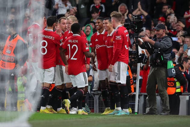 UEFA Europa League Manchester United, ManU v Sheriff Tiraspol Manchester United players celebrating a goal during the UEFA Europa League match Manchester United vs Sheriff Tiraspol at Old Trafford, Manchester, United Kingdom, 27th October 2022 (Photo by Stefan Constantin News Images) Manchester Old Trafford Greater Manchester United Kingdom Copyright: xStefanxConstantin NewsxImagesx