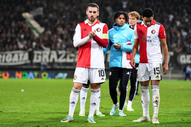 UEFA Europa League: SK Sturm Graz v Feyenoord Graz - Orkun Kokcu of Feyenoord, Marcos Lopez of Feyenoord during the match between SK Sturm Graz v Feyenoord at Stadion Graz-Liebenau (Merkur Arena) on 27 October 2022 in Graz, Austria. Copyright: xYannickxVerhoevenx