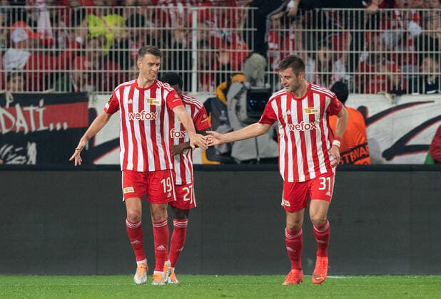 Fussball, Herren, Saison 2022 2023, Europa League (Gruppenphase, Gruppe D, 5. Spieltag), 1. FC Union Berlin - SC Braga, v. l. Janik Haberer (1. FC Union Berlin), Robin Knoche (1. FC Union Berlin), Jubel nach Tor zum 1:0, 27.10. 2022, Copyright: xSebastianxRäppold MatthiasxKochx