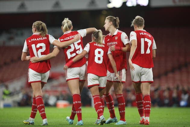 Arsenal Women celebrate their third goal during the Womens Champions League match between Arsenal Women and FC Zurich Women at the Emirates Stadium, London, England on 27 October 2022. Copyright: xJoshuaxSmithx 34030040